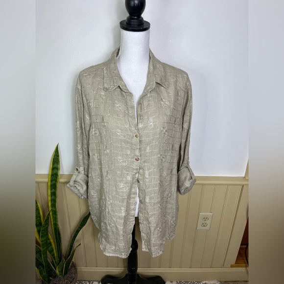 Fresh Laundry Los Angeles Linen Button-Up Shirt L USA Embroidered Beige Boho - Picture 1 of 10